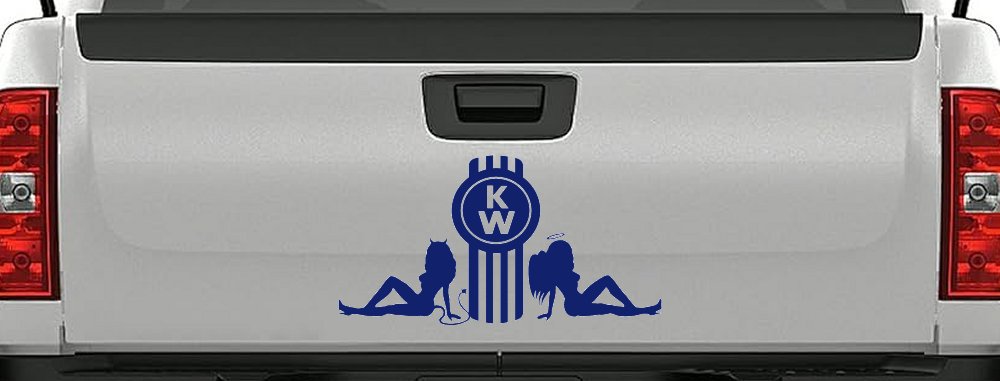 Kenworth KW with Mudflap Angel and Devil Good and Bad Girls Car or Truck Window Decal Sticker (Navy)