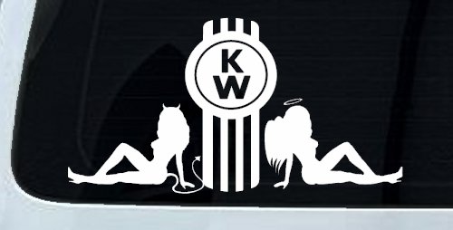Kenworth KW with Mudflap Angel and Devil Good and Bad Girls Car or Truck Window Decal Sticker (White)
