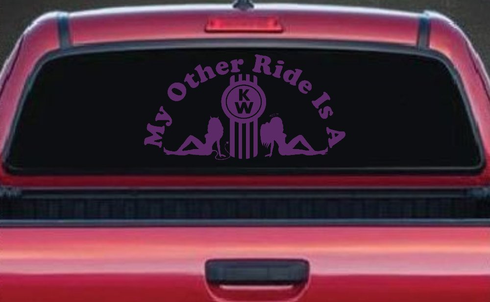 My Other ride Is A Kenworth with KW and Mudflap Good Angel and Bad Devil Twin Girls Car or Truck Window Decal Sticker (Violet)