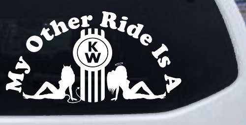 My Other ride Is A Kenworth with KW and Mudflap Good Angel and Bad Devil Twin Girls Car or Truck Window Vinyl Decal Sticker (White)
