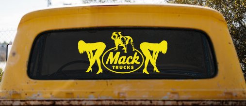 Mack Trucks Logo With Mudflap Girls Bent Over Car or Truck Window Decal Sticker (Yellow)