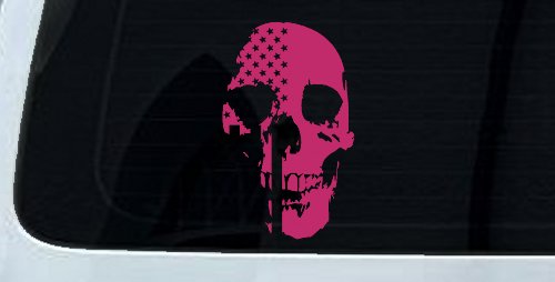 Skull Shadow US USA American Flag Vertical  Skulls Car or Truck Window Decal Sticker (Hot Pink)