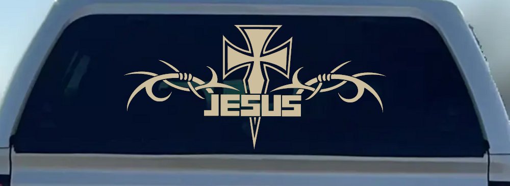 Tribal Barbed Wire Jesus With Cross  Christian Car or Truck Window Decal Sticker (Desert Sand)