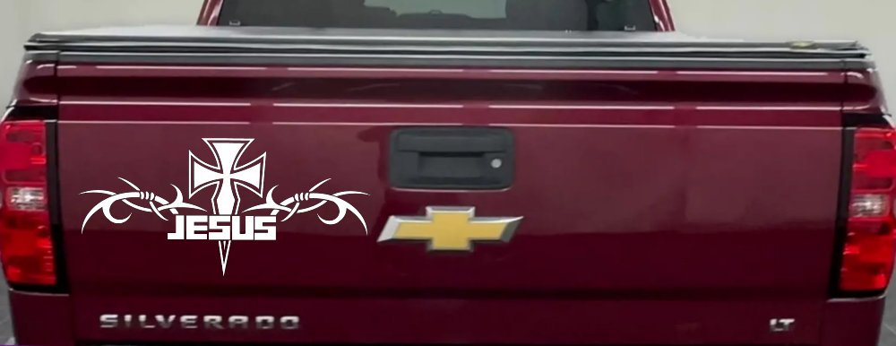 Tribal Barbed Wire Jesus With Cross  Christian Car or Truck Window Decal Sticker (White)