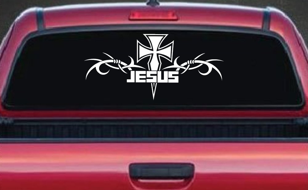 Tribal Barbed Wire Jesus With Cross  Christian Car or Truck Window Decal Sticker (White)