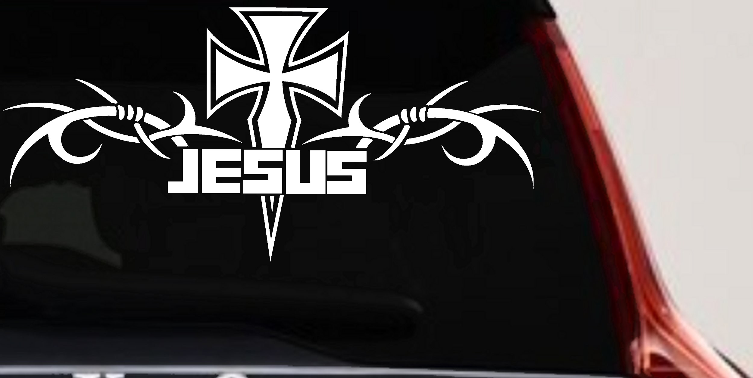 Tribal Barbed Wire Jesus With Cross  Christian Car or Truck Window Vinyl Decal Sticker (White)