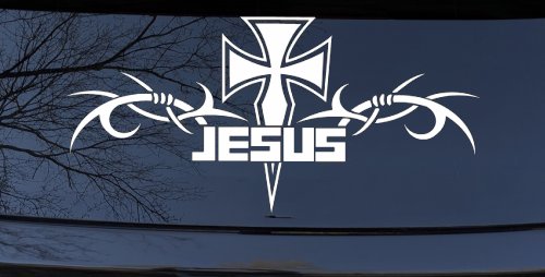 Tribal Barbed Wire Jesus With Cross  Christian Car or Truck Window Vinyl Decal Sticker (White)