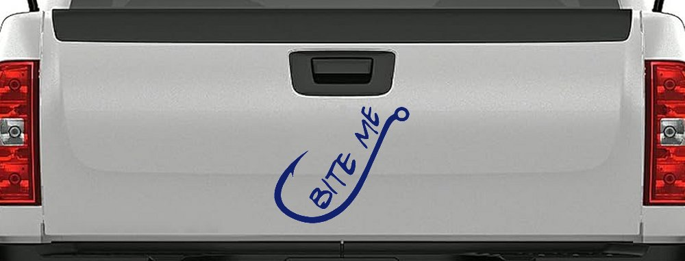 Bite me Funny Fishing Hook Fishing Car or Truck Window Vinyl Decal Sticker (Navy)