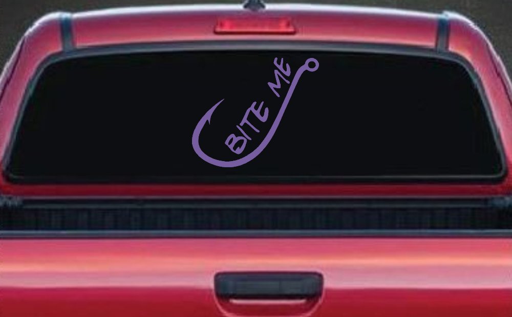 Bite me Funny Fishing Hook Fishing Car or Truck Window Decal Sticker (Purple)