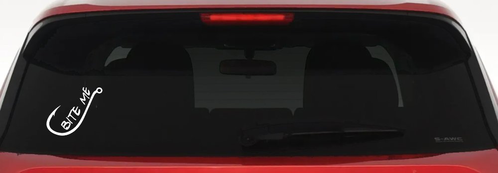 Bite me Funny Fishing Hook Fishing Car or Truck Window Vinyl Decal Sticker (White)