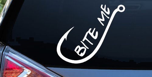 Bite me Funny Fishing Hook Fishing Car or Truck Window Decal Sticker (White)