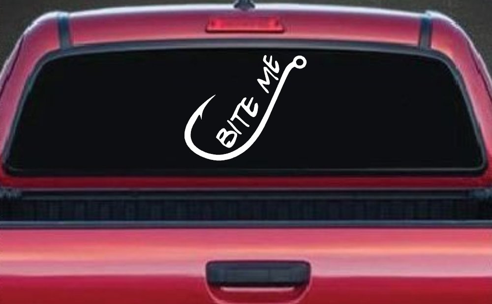 Bite me Funny Fishing Hook Fishing Car or Truck Window Decal Sticker (White)