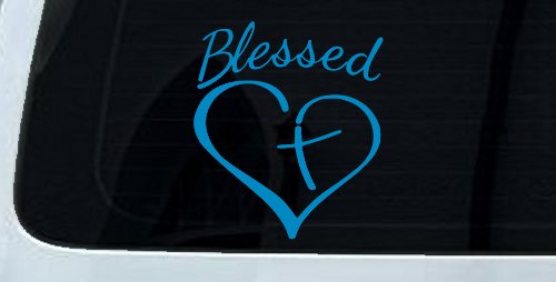 Blessed with Heart and Cross Christian Car or Truck Window Vinyl Decal Sticker (Blue)