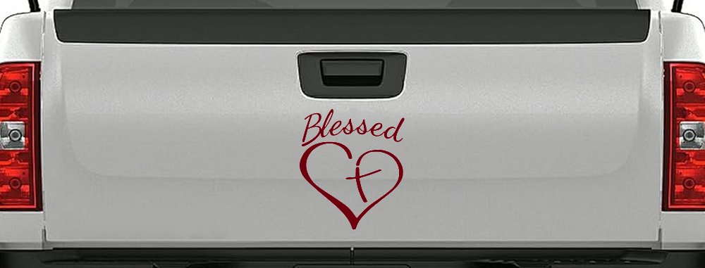 Blessed with Heart and Cross Christian Car or Truck Window Decal Sticker (Burgundy)