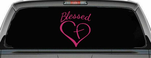 Blessed with Heart and Cross Christian Car or Truck Window Decal Sticker (Hot Pink)