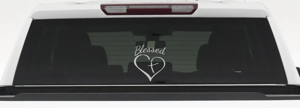 Blessed with Heart and Cross Christian Car or Truck Window Vinyl Decal Sticker (Light Gray)