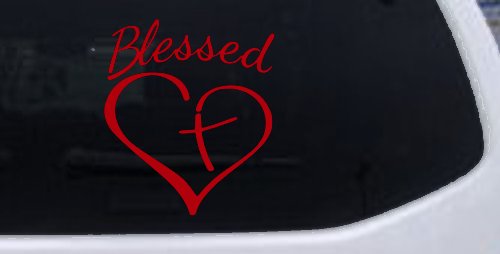 Blessed with Heart and Cross Christian Car or Truck Window Decal Sticker (Red)
