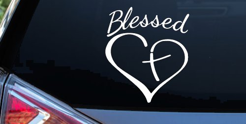 Blessed with Heart and Cross Christian Car or Truck Window Vinyl Decal Sticker (White)