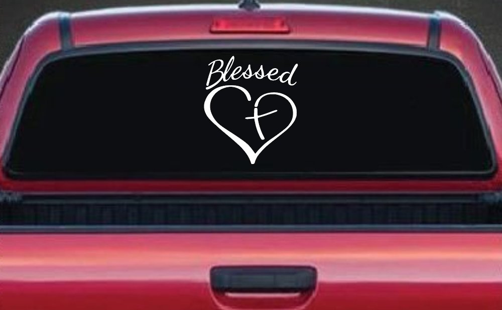 Blessed with Heart and Cross Christian Car or Truck Window Vinyl Decal Sticker (White)
