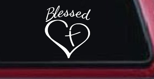 Blessed with Heart and Cross Christian Car or Truck Window Vinyl Decal Sticker (White)