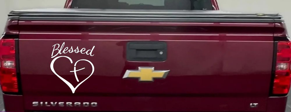Blessed with Heart and Cross Christian Car or Truck Window Decal Sticker (White)