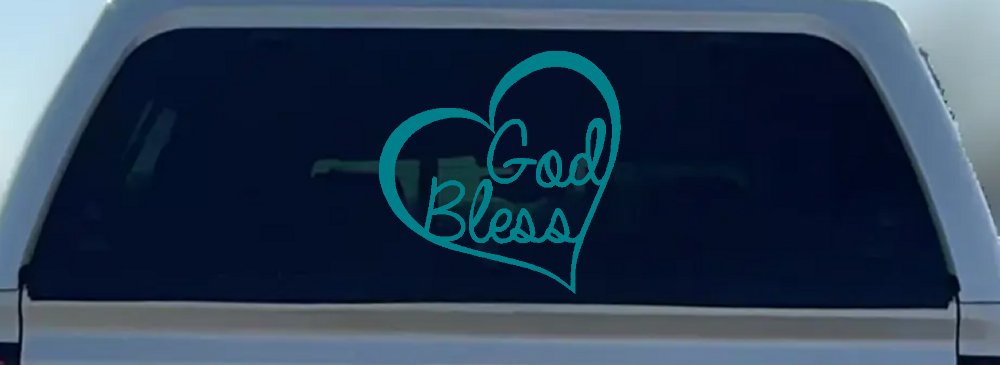 God Bless Inside Heart Christian Car or Truck Window Decal Sticker (Turquoise Blue)
