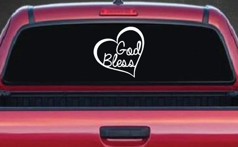 God Bless Inside Heart Christian Car or Truck Window Decal Sticker (White)