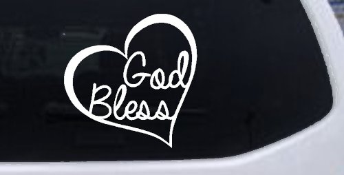God Bless Inside Heart Christian Car or Truck Window Decal Sticker (White)