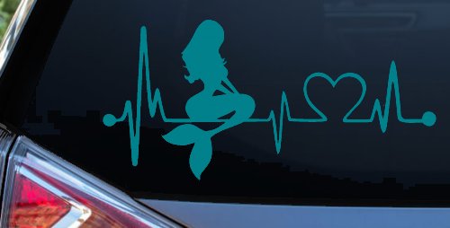 Mermaid Love Heartbeat Lifeline Monitor Car or Truck Window Decal Sticker (Turquoise Blue)