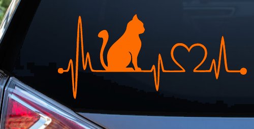 Cat Heartbeat Lifeline Love Car or Truck Window Decal Sticker (Orange)