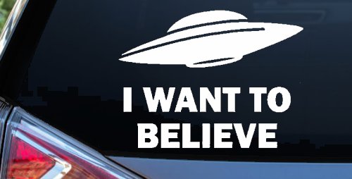 I Want To Believe Alien Flying Saucer Car or Truck Window Vinyl Decal Sticker (White)