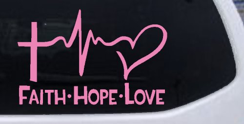 Faith Hope Love Cross and Heart Heartbeat Christian Car or Truck Window Decal Sticker (Pink)
