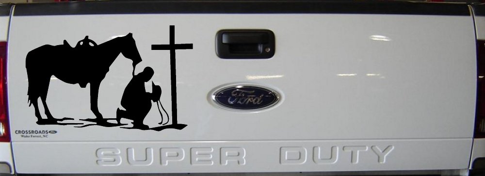 Cowboy and Horse Praying at Cross Country Car or Truck Window Decal Sticker (Black)
