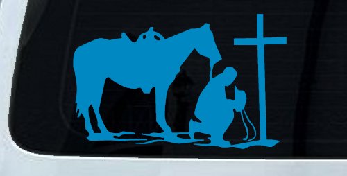 Cowboy and Horse Praying at Cross Country Car or Truck Window Decal Sticker (Blue)