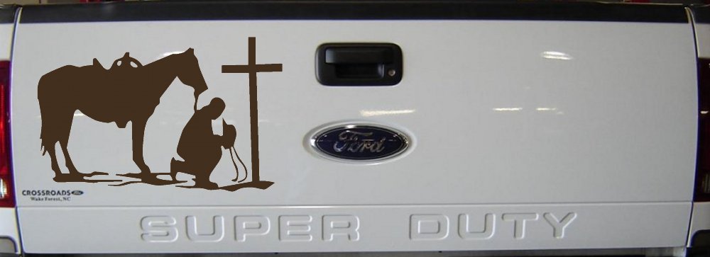 Cowboy and Horse Praying at Cross Country Car or Truck Window Decal Sticker (Brown)