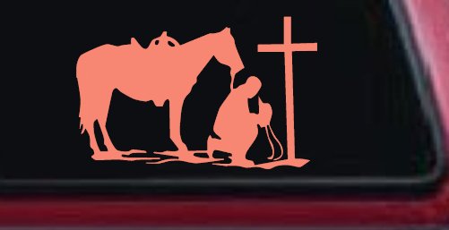 Cowboy and Horse Praying at Cross Country Car or Truck Window Decal Sticker (Coral)