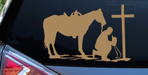 Cowboy and Horse Praying at Cross Country Car or Truck Window Decal Sticker (Light Brown)