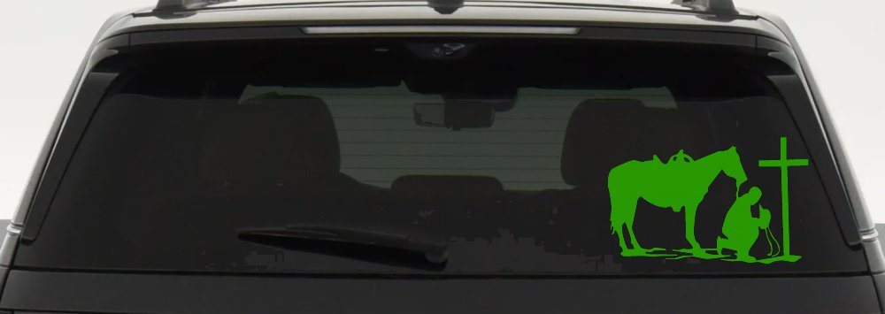 Cowboy and Horse Praying at Cross Country Car or Truck Window Decal Sticker (Lime)