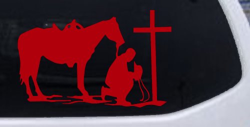 Cowboy and Horse Praying at Cross Country Car or Truck Window Decal Sticker (Red)