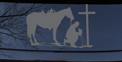 Cowboy and Horse Praying at Cross Country Car or Truck Window Decal Sticker (Silver)