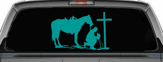 Cowboy and Horse Praying at Cross Country Car or Truck Window Decal Sticker