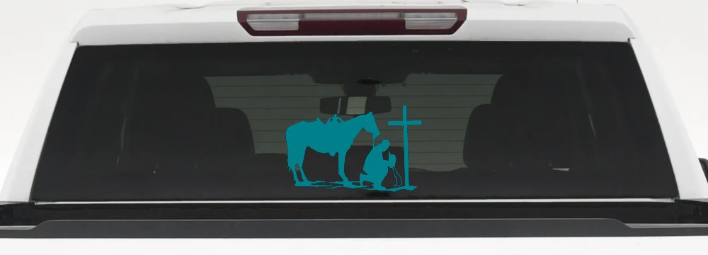 Cowboy and Horse Praying at Cross Country Car or Truck Window Vinyl Decal Sticker (Turquoise Blue)