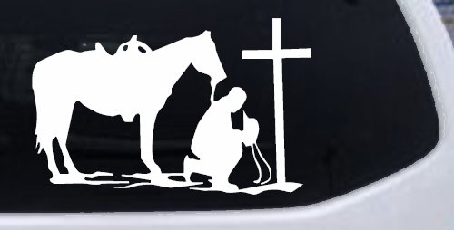 Cowboy and Horse Praying at Cross Country Car or Truck Window Decal Sticker (White)