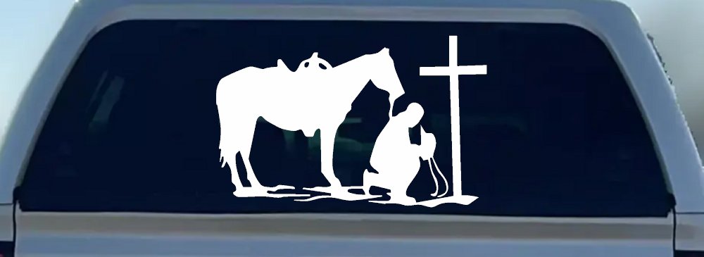 Cowboy and Horse Praying at Cross Country Car or Truck Window Decal Sticker (White)