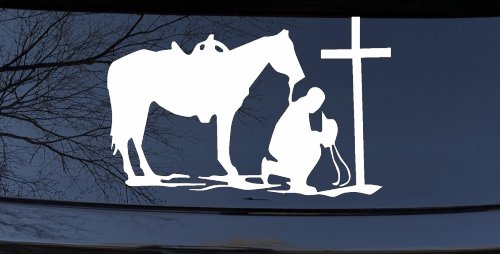 Cowboy and Horse Praying at Cross Country Car or Truck Window Decal Sticker (White)