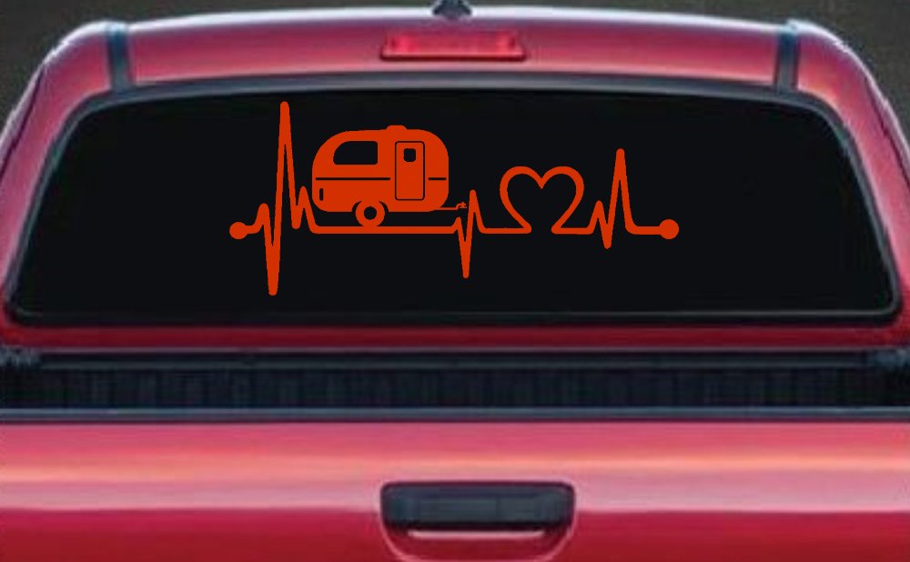 Camper Camping Travel Trailer Love Heartbeat Lifeline Car or Truck Window Vinyl Decal Sticker (Orange Red)