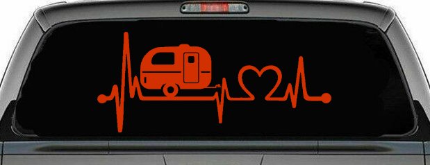 Camper Camping Travel Trailer Love Heartbeat Lifeline Car or Truck Window Vinyl Decal Sticker (Orange Red)