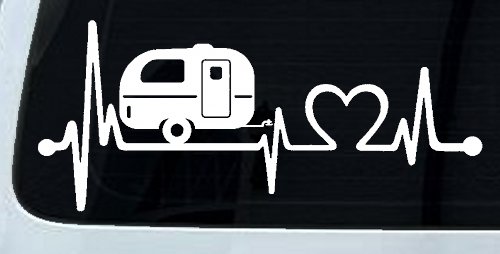 Camper Camping Travel Trailer Love Heartbeat Lifeline Car or Truck Window Vinyl Decal Sticker (White)
