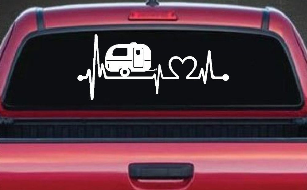 Camper Camping Travel Trailer Love Heartbeat Lifeline Car or Truck Window Decal Sticker (White)