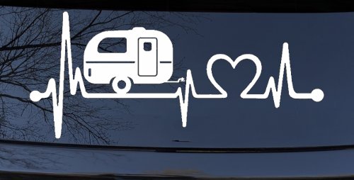 Camper Camping Travel Trailer Love Heartbeat Lifeline Car or Truck Window Vinyl Decal Sticker (White)